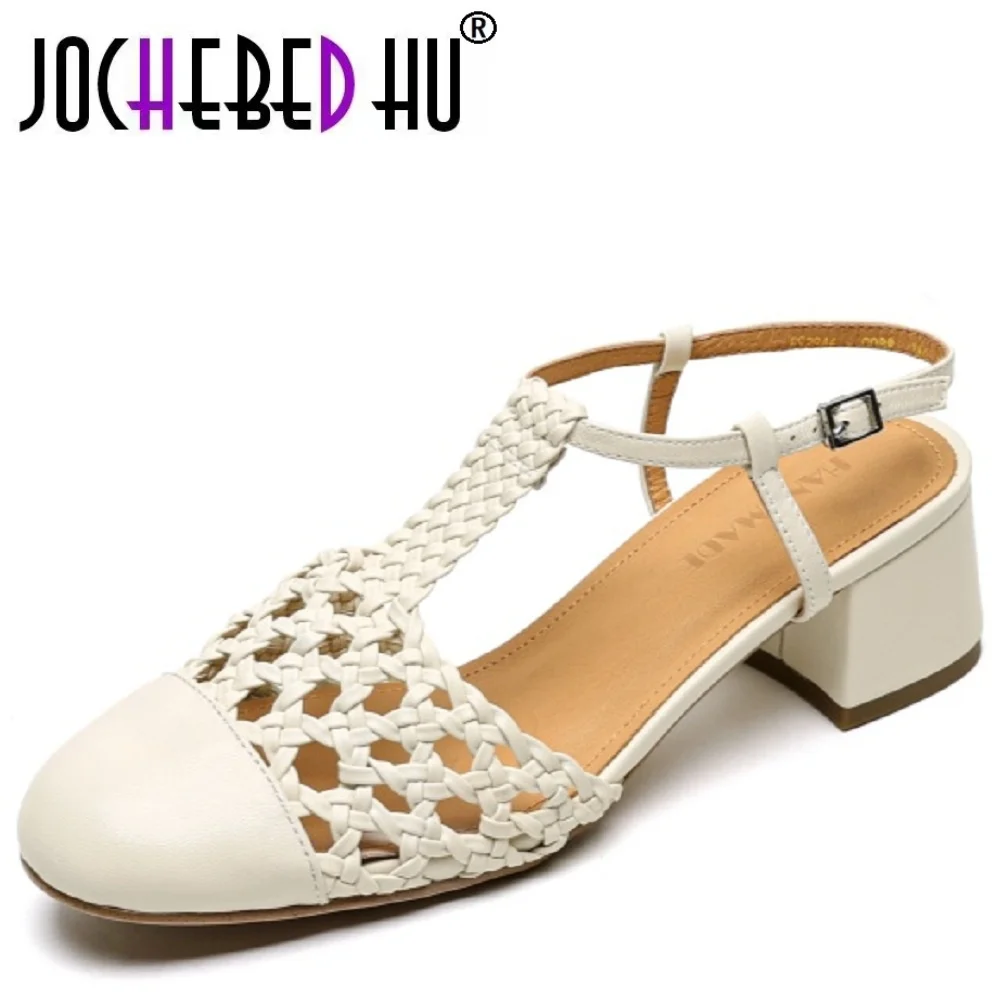 【JOCHEBED HU】new summer women sandals Handmade Genuine leather Breathable washed round toe ankle buckle women shoes 33-40