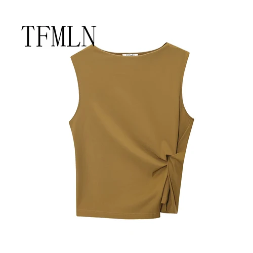 Imagen 2 del producto TFMLN, camiseta informal lisa asimétrica para mujer, Tops 2025, nueva camiseta sin mangas plegable a la moda de verano para mujer