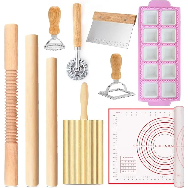

A76X-Ravioli Maker Set, Pasta Making Tools Kit With Rolling Pins, Gnocchi Board, Stamps, Cutter& Baking Mat