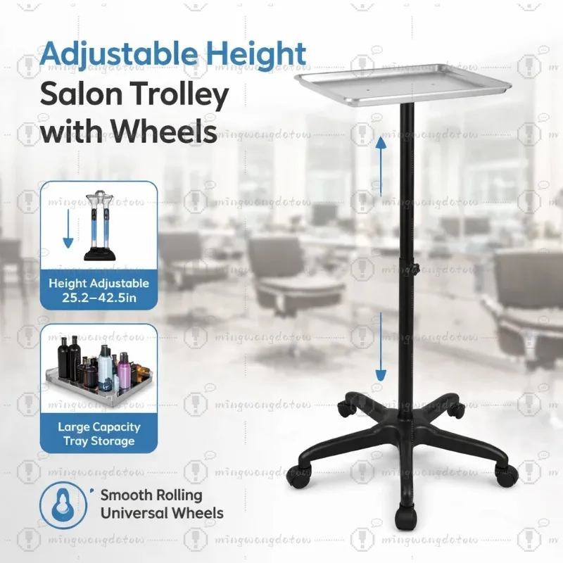 Adjustable Salon Trolley Rolling Cart Aluminum Hairdressing Tray Stand with Wheels for Barber Beauty Salon Tool Storage
