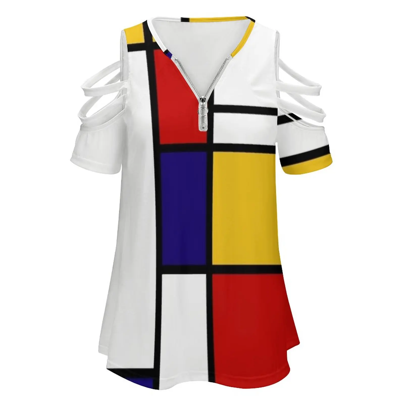 Mondrian Shape Women'S T-Shirt New Fashion Printed Zipper V-Neck Short Sleeve T Shirts Casual Plus Size Mondrian Shape Mondrian