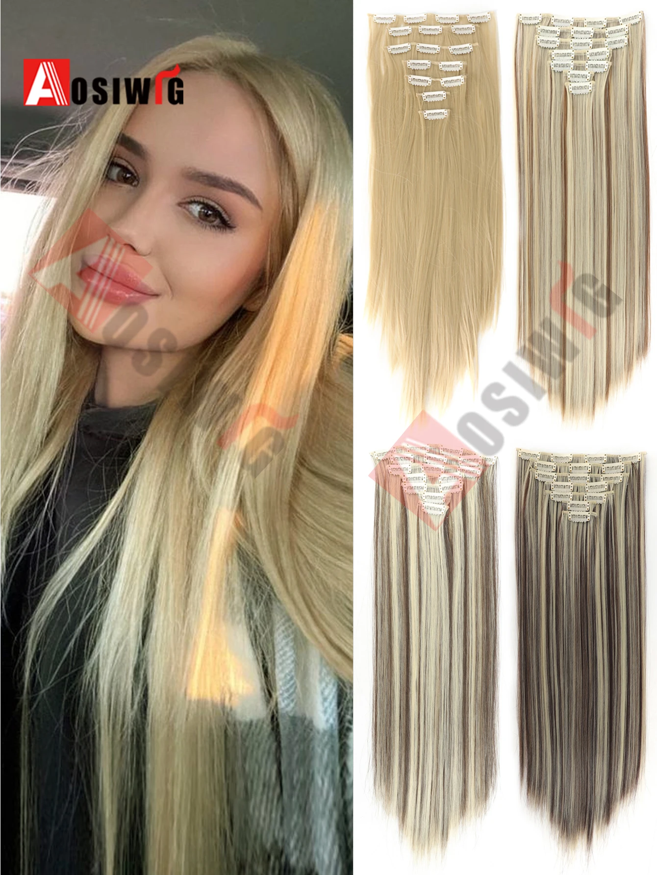 18-32Inch 16 Clips in Hair Extensions Long Straight Hairstyle Synthetic Blonde Black Hairpieces Heat Resistant False Hair Daily