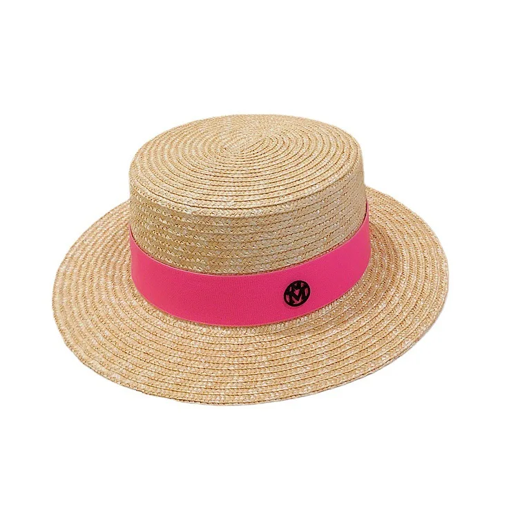 

New Handmade Women Summer Sun Hat Beach Raffia Panama Straw Cap Big Brim Black White Temperament Flat top Holiday cap gorro