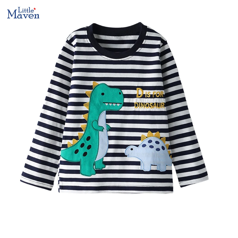 Little maven Children's Clothing Kids Clothes 2026 Autumn Spring Cotton Baby Boys Long Sleeve Cartoon Dinosaurs Striped T Shirts