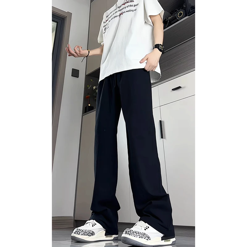

American High Street Men's Summer Ice Silk Thin Casual Linen Pants Flared Straight Leg Long Version Loose Fit Casual Trousers