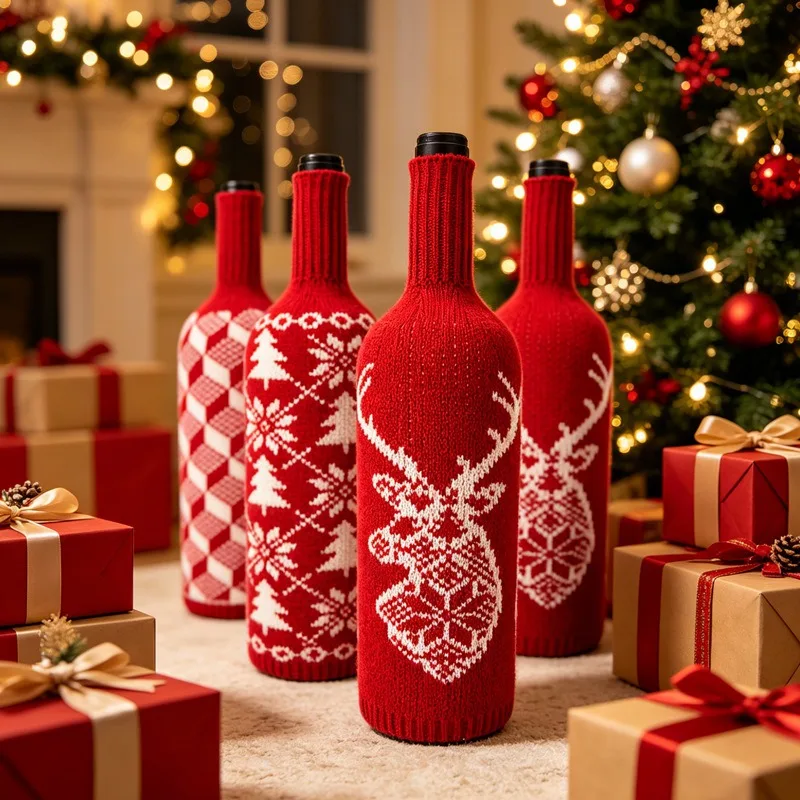 Christmas Wool Knit Wine Bottle Cover Red Wine Champagne Bag Drawstring Creative Wine Sleeve Dustproof Protector