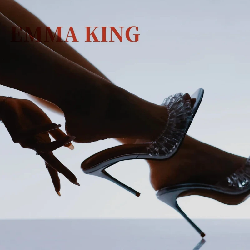 واضح بولي كلوريد الفينيل المفتوحة تو البغال النساء تألق الفضة معكوسة عالية الكعب أحذية أنيقة السيدات مطرز ديكور النعال الصلبة حجم كبير 46 #6