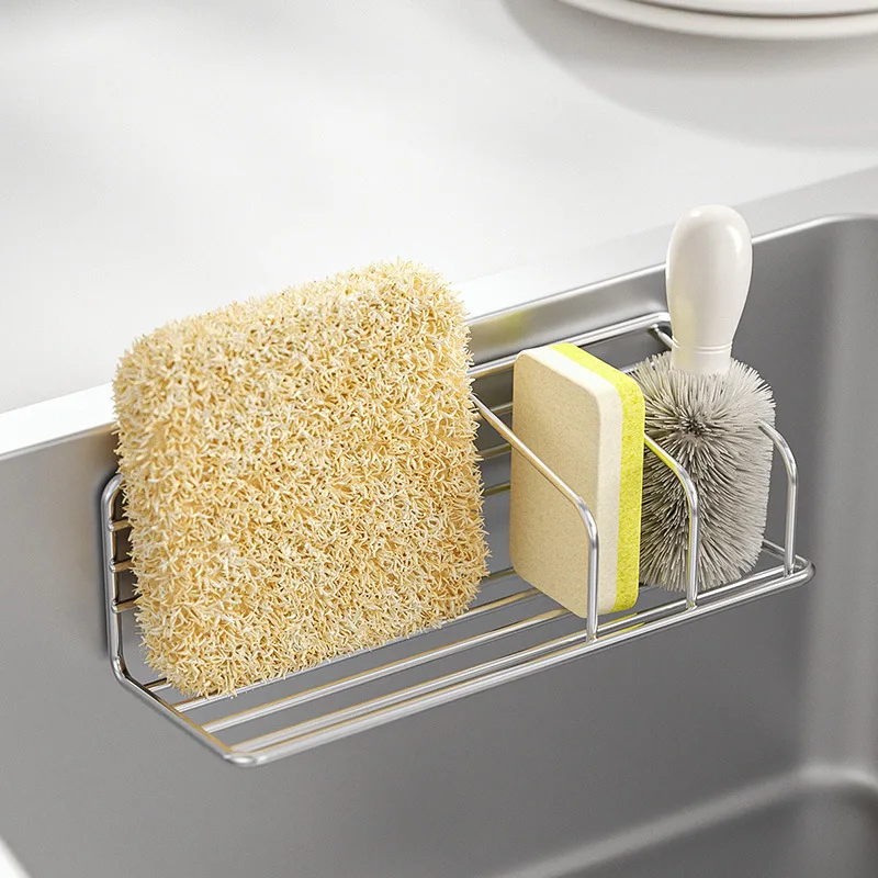 Stainless Steel Sink Sponge Holder Drill-Free Wall Mount Kitchen Organizer Fast Drain Dishcloth Storage Rack Space Saving