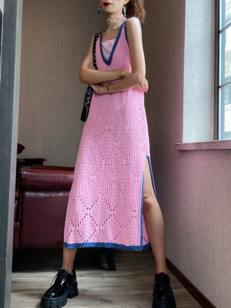 Korean Fashion Pink Hollow Out Knitted Dress 2024 Summer New Women Sexy Sleeveless V-Neck Knitting Dresses For Woman