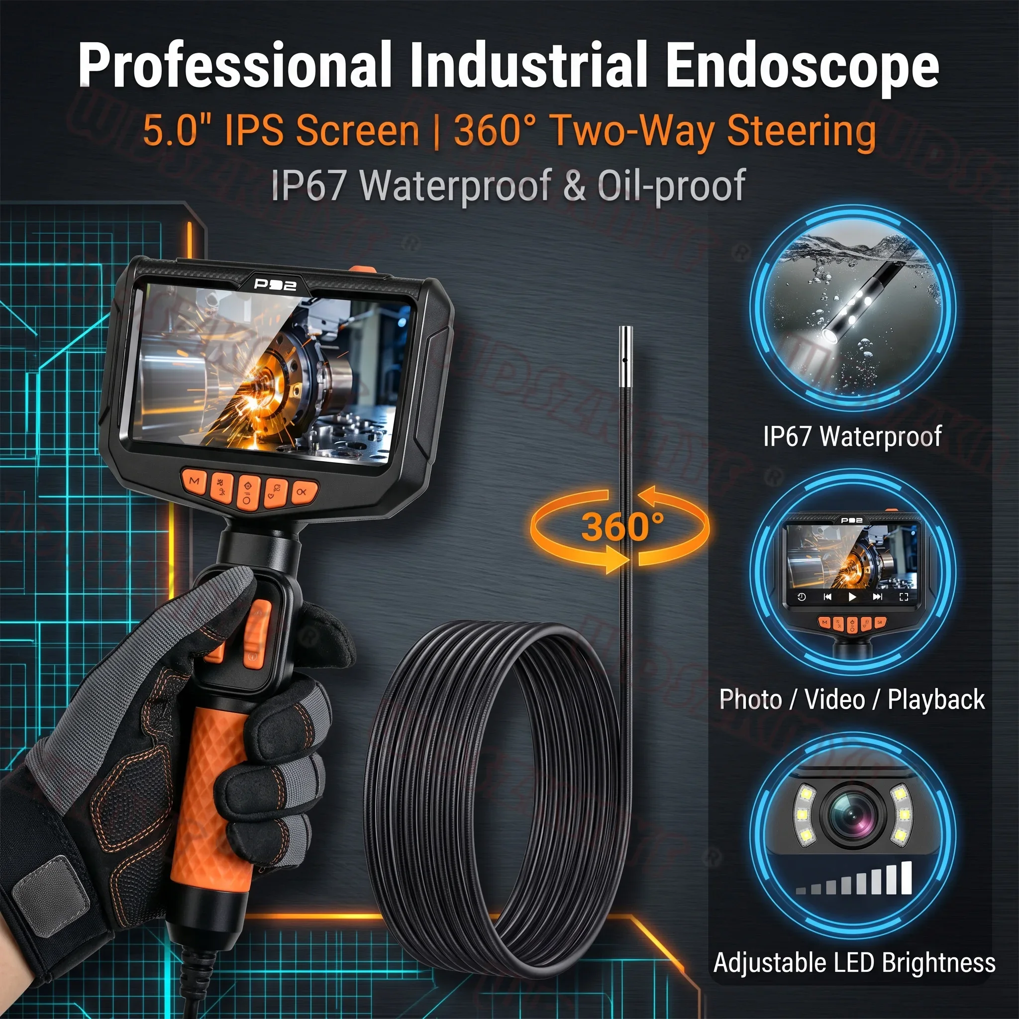 360 Articulating Borescope Camera 6.0MM Lens HD 1080P 5-Inch Screen Car Inspection IP67 Waterproof Sewer Camera With LED