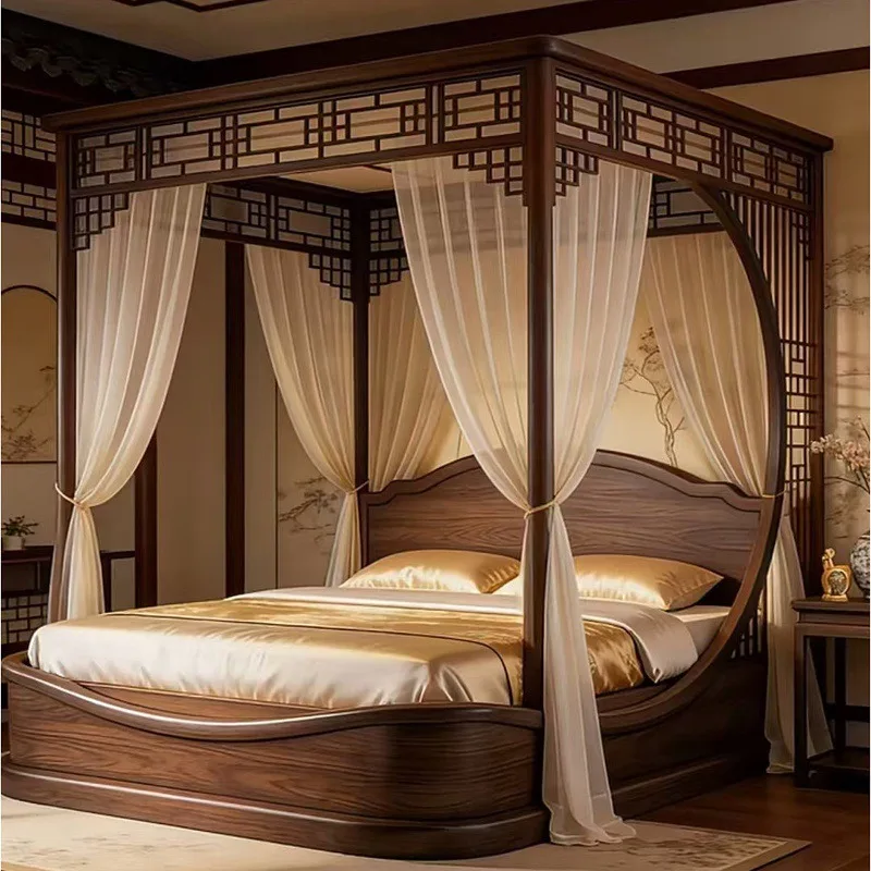 1,8 Meter großes Doppelbett, Himmelbett, Massivholz-Bett mit Regal für das Hauptschlafzimmer, antiker Stil