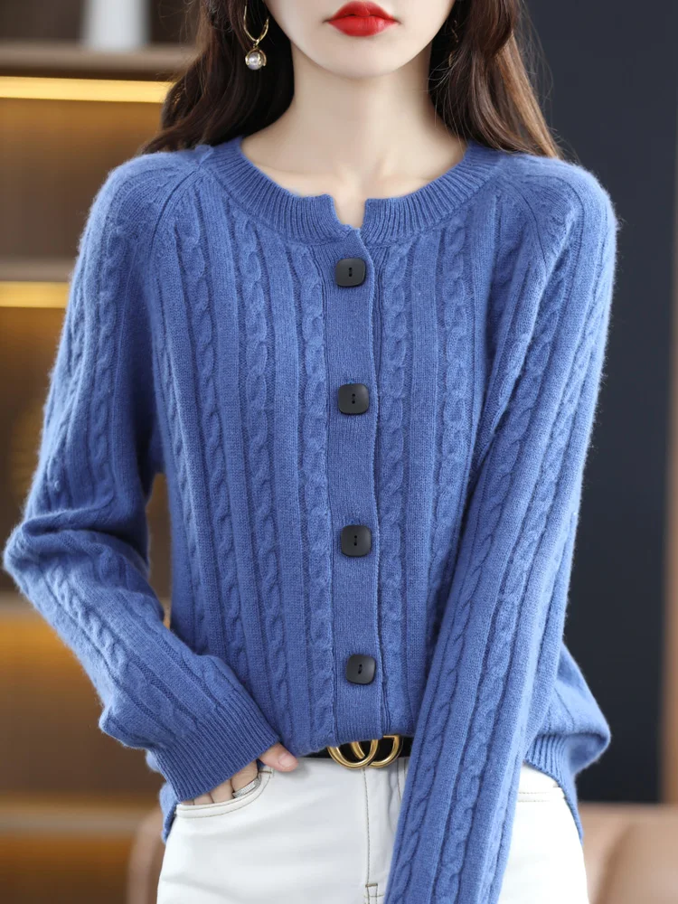 

Addonee Autumn Winter O-neck Cardigan For Female 100% Merino Wool Twist Flower Solid Sweater Women's Knitted Clothing