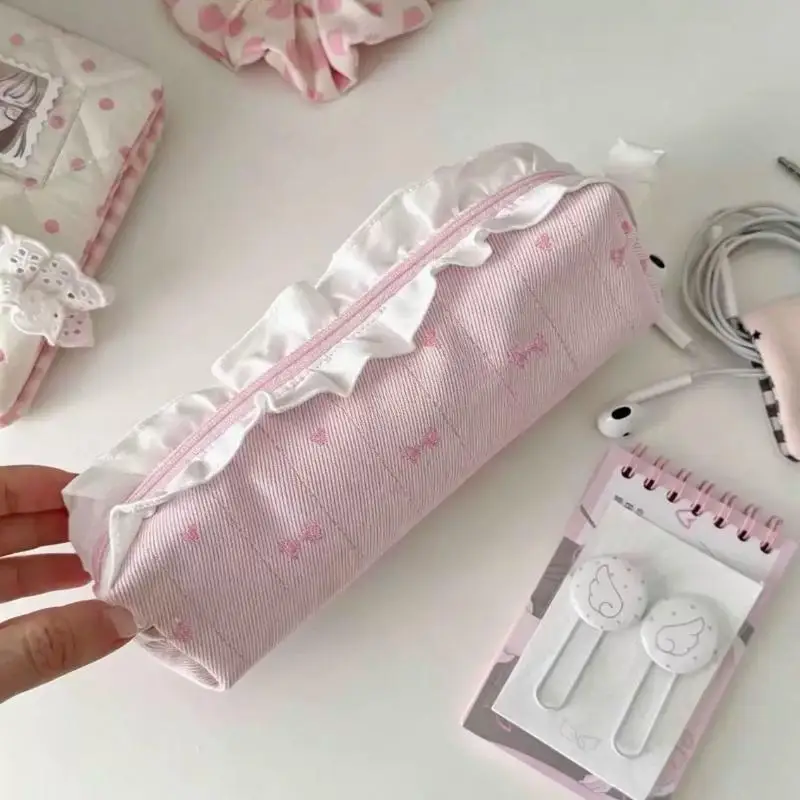 Cute Girl Lace Pencil Case High Capacity Bow Stationery Storage Bag Ballet Style Makeup Bag Girl Gift