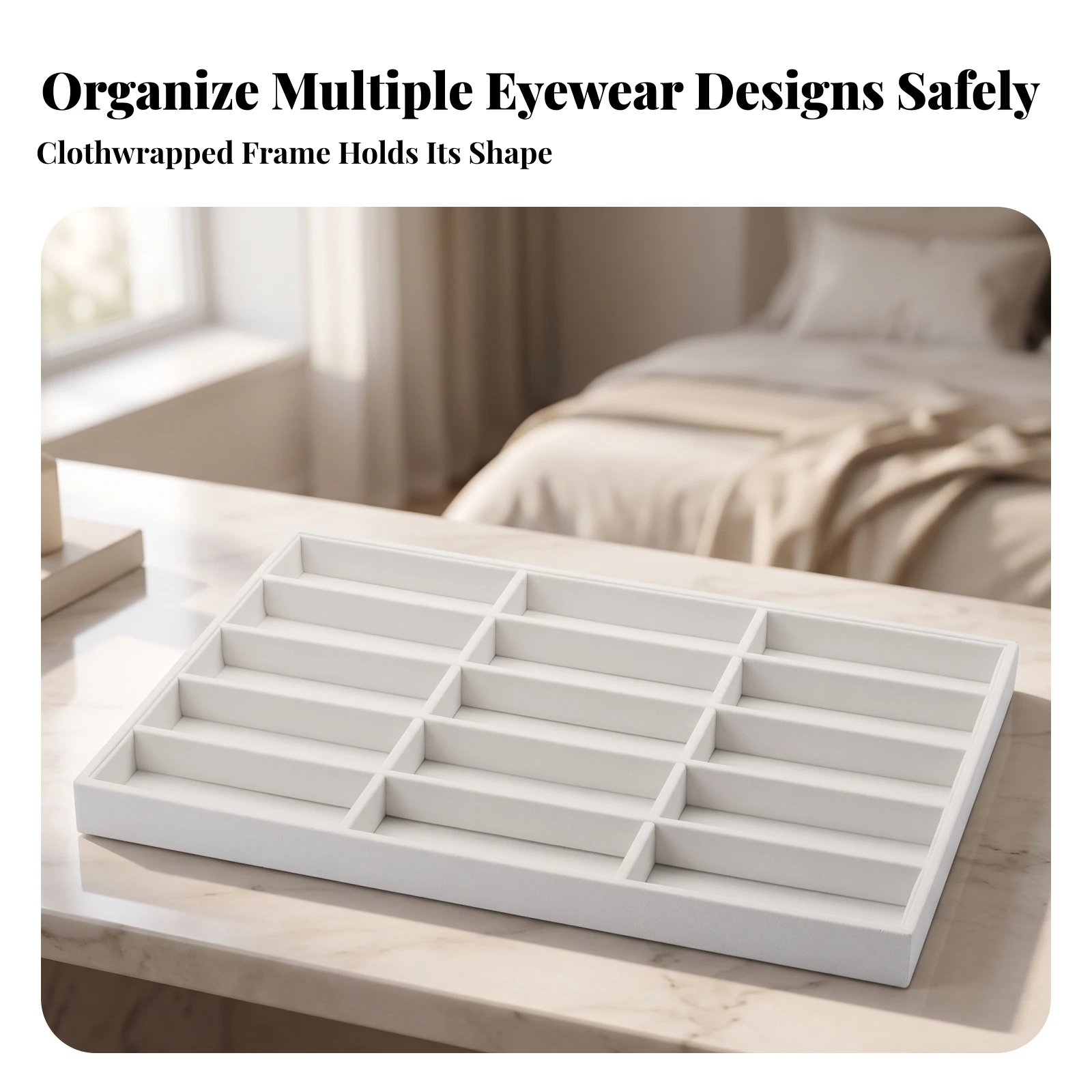 Eyeglasses Display Tray Non-Shedding Velvet Glasses Tray with 15 Compartments Eyewear Organizer with Dividers Compact Luxurious