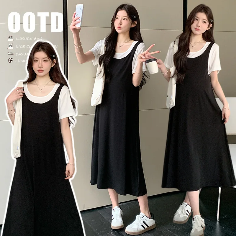 Maternity Clothes Summer 2026 Minimalist Versatile Black White Fake Two Piece Dress for Pregnant Women