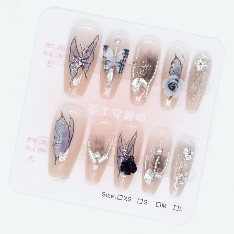 New Long Dark Style Manicure Press On Nails Rhinestone Charms