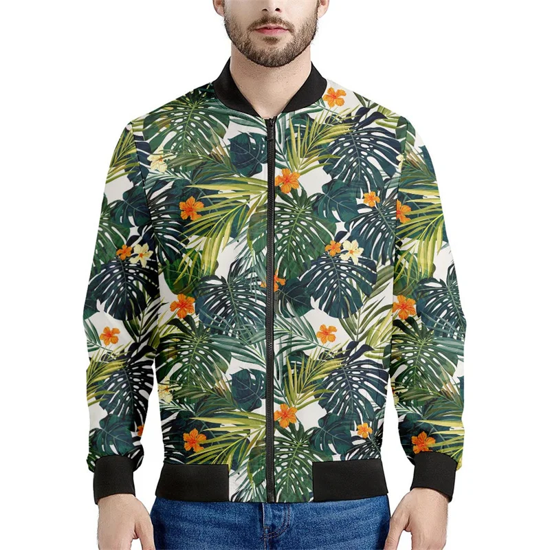 Jaqueta gráfica masculina de folhas tropicais de árvores, plantas impressas em 3D, casaco casual, moletom bombardeiro com zíper, primavera, outono