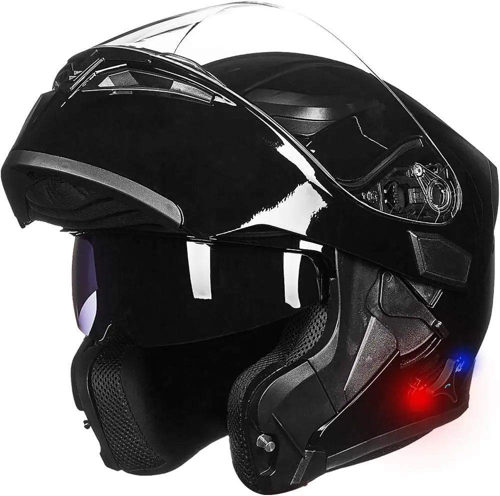 

Bluetooth Motorcycle Helmet Modular Flip up Full Face Dual Visor Mp3 Intercom FM Radio DOT Model 902BT(Gloss Black, L)
