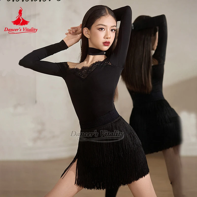 Lace Collar Latin Black Dew Shoulder Practise Set Teenagers Chacha Samba Long Sleeves Training Tassels Clothe Dancer's Vitality