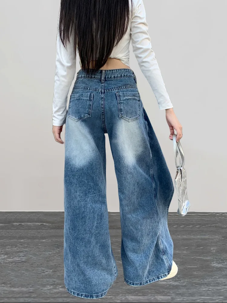 بنطلون جينز نسائي واسع الساق موديل 2026، سروال طويل بخصر عالٍ غير متماثل، جينز ممزق بغسيل بانك للملابس الشبابية