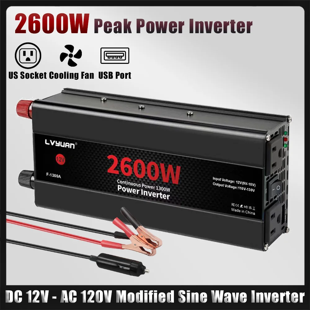 DC12V إلى AC120V سيارة العاكس 1500 واط/2000 واط/2600 واط محول جهد كهربي الطاقة 60 هرتز مع 2US المقبس USB شحن للتخييم التلفزيون المحمول #1