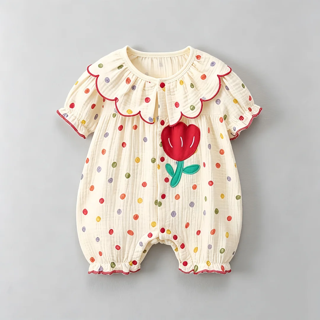Summer Sweet Style Girls Toddler Bodysuit Dot Print Tulip Applique Ruffle Peter Pan Collar Baby Jumpsuit Thin Soft Baby Romper