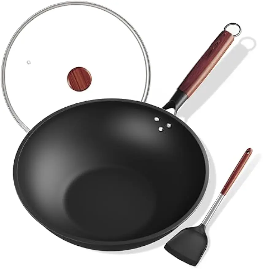

13-Inch Carbon Steel Wok Pan with Glass Lid and Silicone Spatula, Non-Stick Pre-Seasoned for Induction, Electric, Gas Stoves