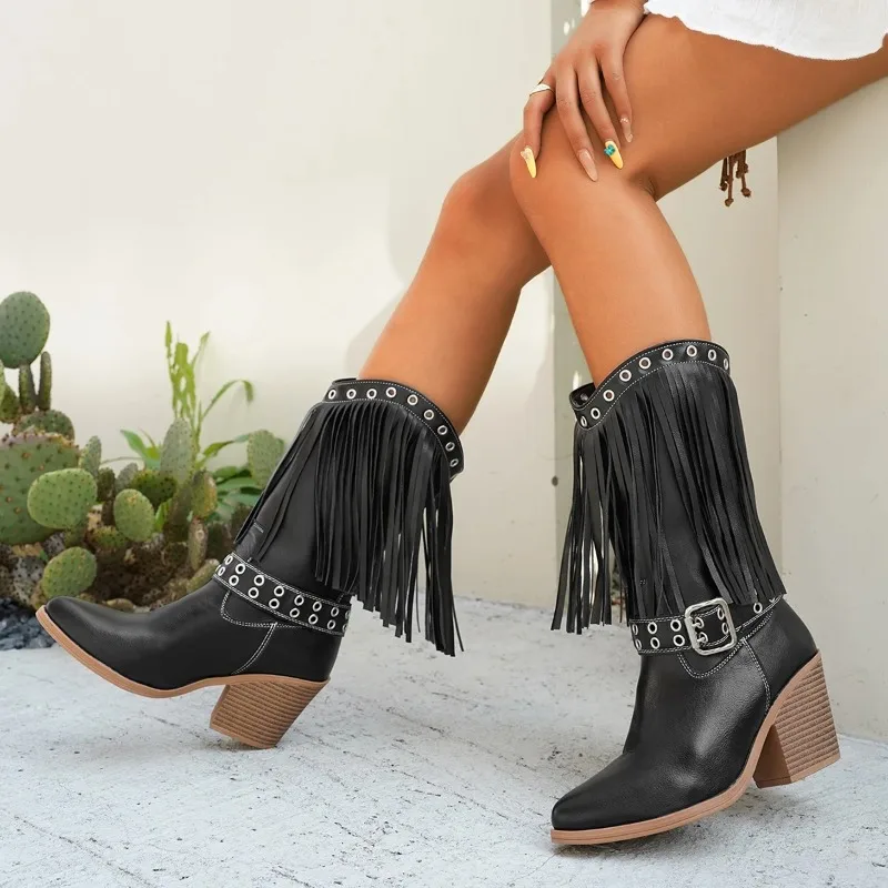 

Fad European Boots for Women Designer Retro Tassel Womens Boots High Quality Leather Chunky Heels Womens Short Boots Botas Mujer
