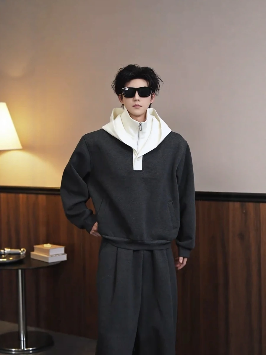 

Spring 2026 Men's Faionable Loose Fit Hoodie Fake Two-Piece Patchwork Comfortable Long Sve Casual Sle American Sle