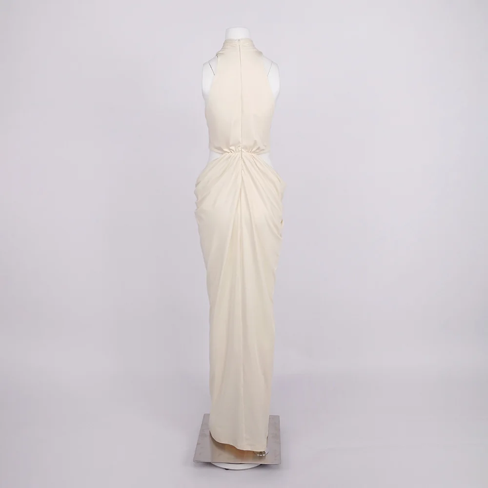 Femmes Design de luxe Beige sans manches découpé drapé Maxi longue douce robe confortable haute rue soirée spectacle robes