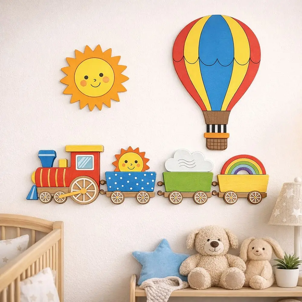 4Pcs/Set Nordic Style Wooden Wall Decoration Colorful Wooden DIY Hot Air Balloon Wall Decoration Fantasy Design