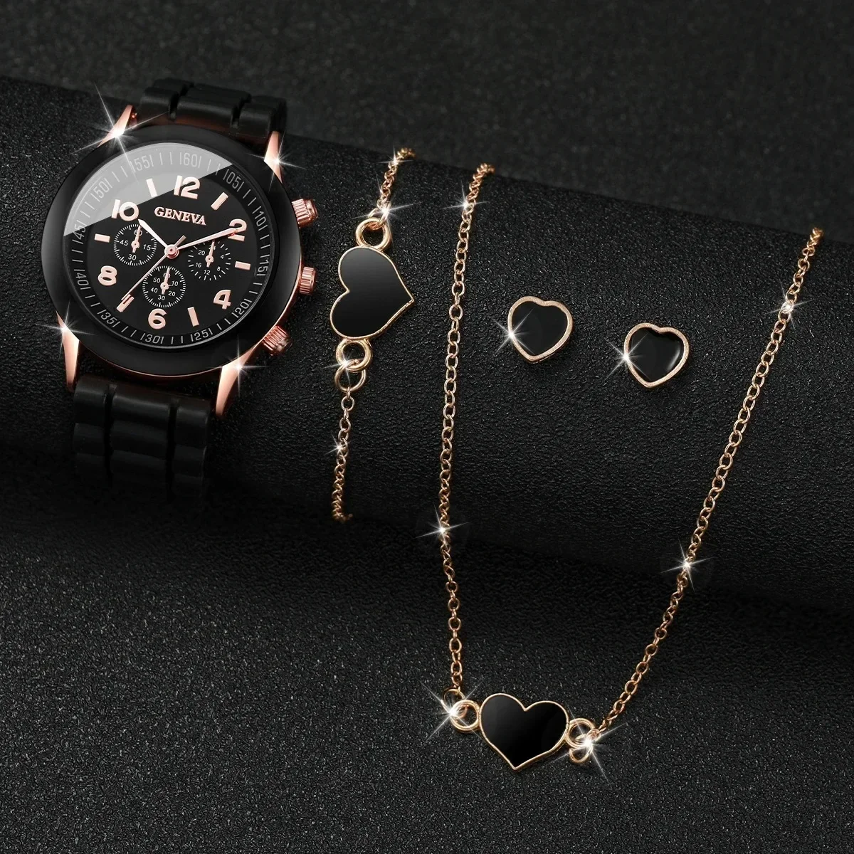 4PCS/Set Geneva Watch Fashion Silicone Band Women Watches Heart Jewelry Set ( Without Box )