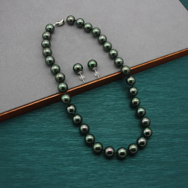 Tahitian Peacock Green Pearl 10MM Round Pearl Shell Pearl 925 Necklace Earrings Set