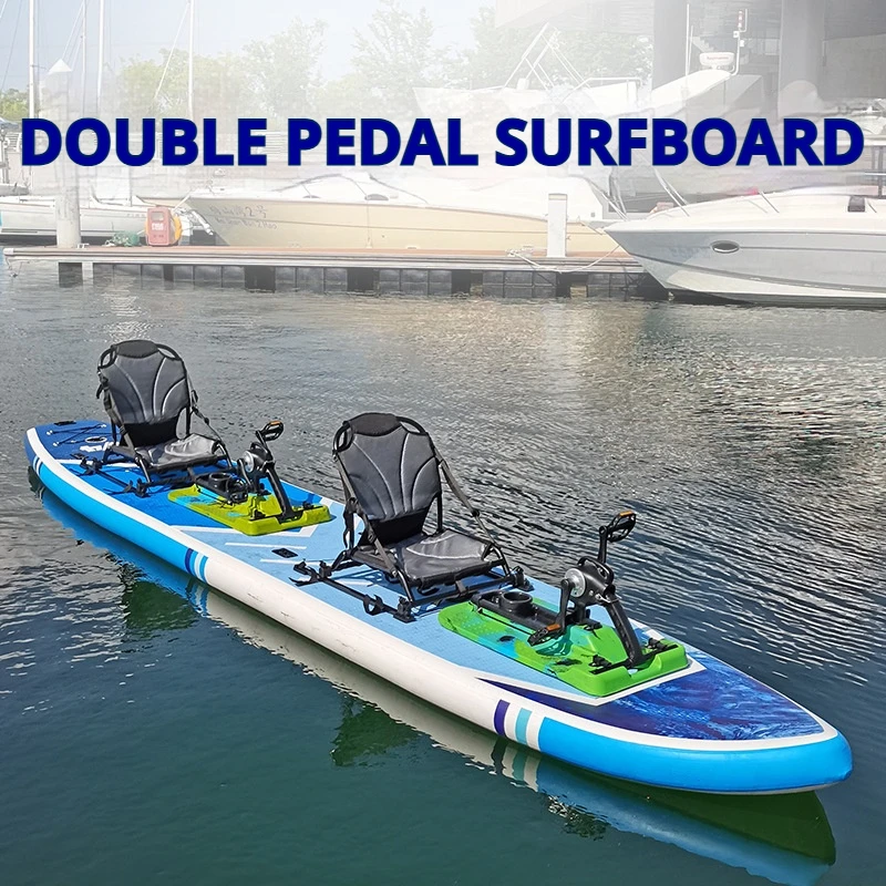 قارب بدواسة قابل للنفخ لشخصين، محمول من Catamaran SUP مع مقاعد صيد بدواسات من الألومنيوم، لصيد ركوب الأمواج في البحيرة