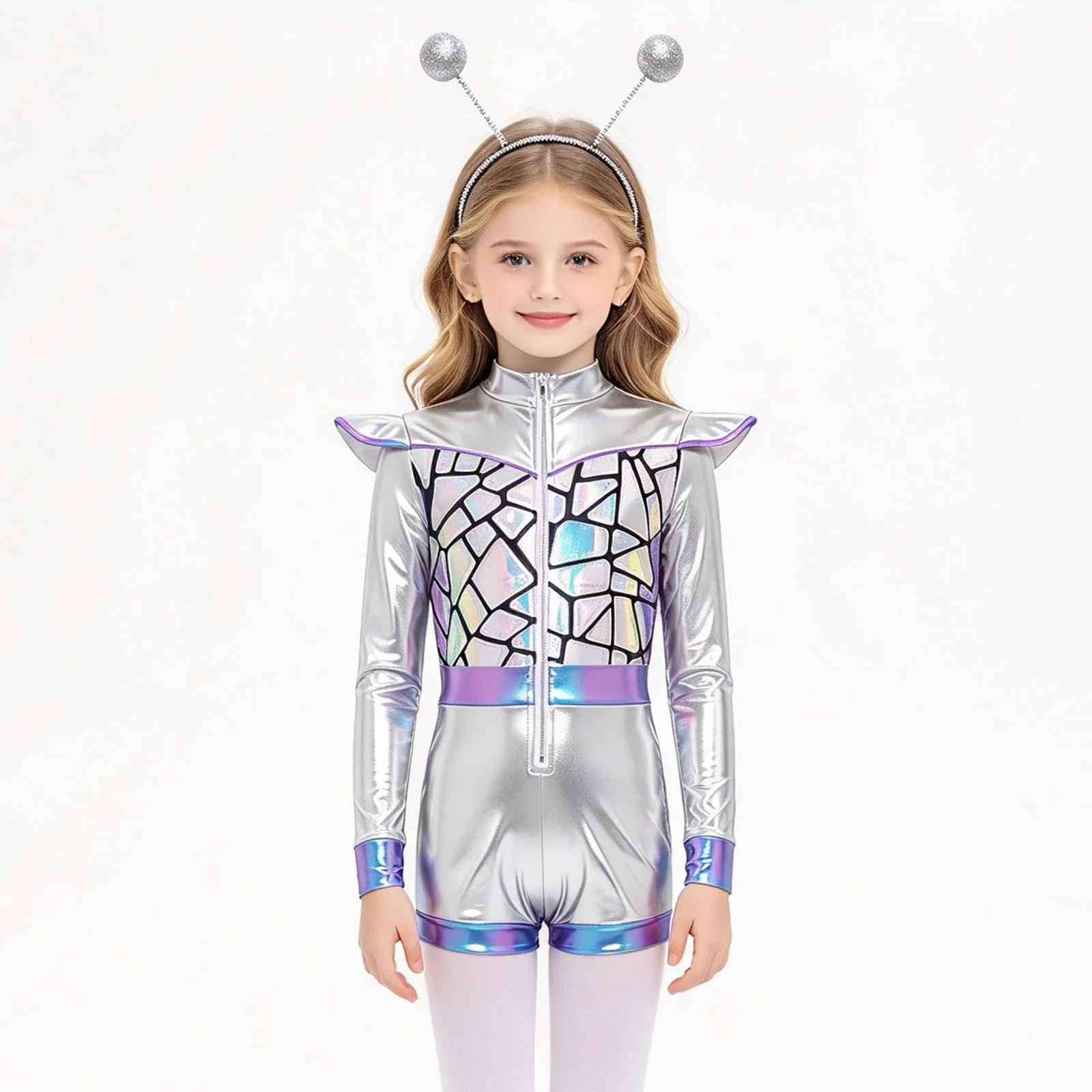 Kids Girls Alien Costume Outfit Space Cadet Leotards Long Sleeve Shoulder Boards Glittery Sequin Metallic Bodysuit And Hair Hoop