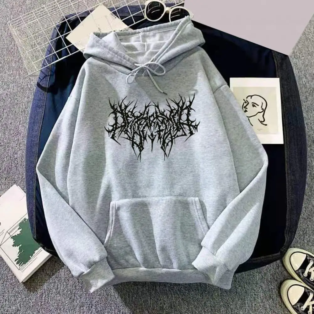 Hoodie Cozy Thorn Print Fleece Hoodie with Drawstring Patch Pocket for Fall Winter Warmth Unisex Pullover with Elastic Cuff Plus