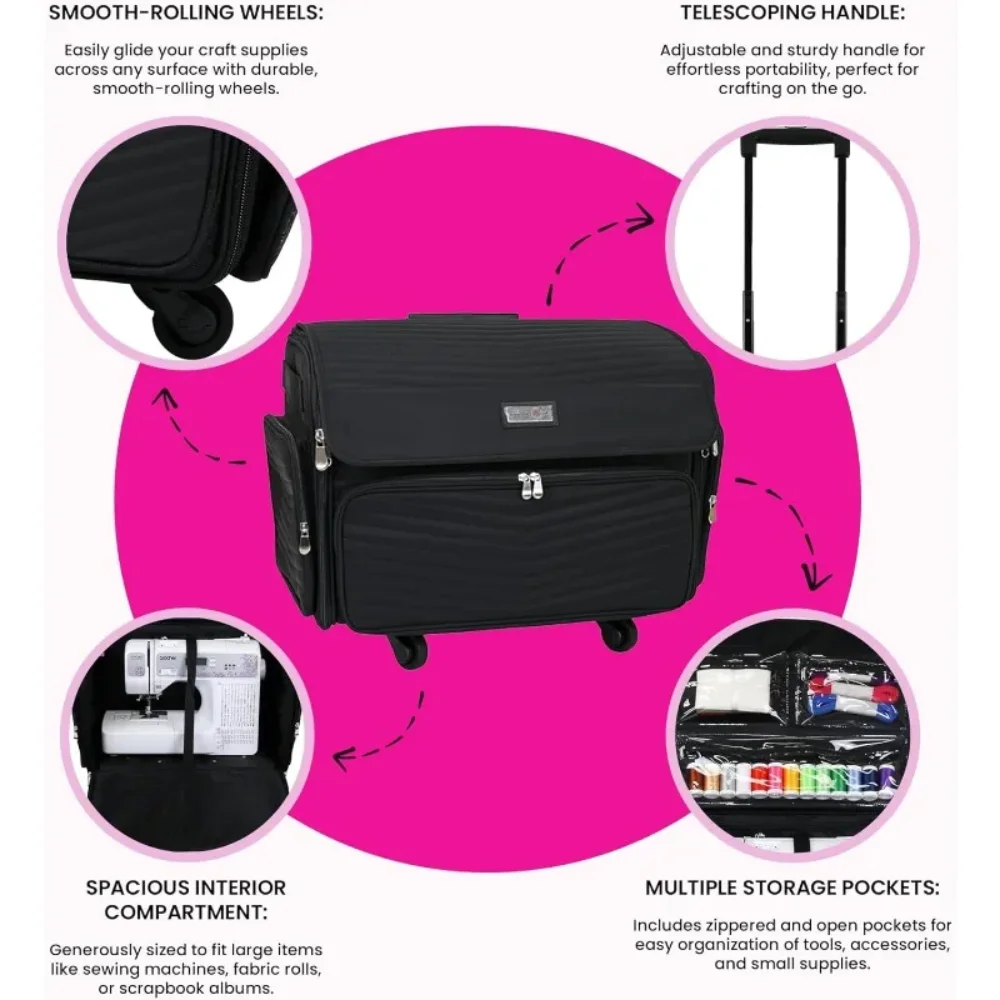 حقيبة تخزين ماكينة الخياطة الفاخرة القابلة للطي ذات 4 عجلات للفنون والحرف اليدوية والخياطة، باللون الأسود - حقيبة حمل بعجلات دوارة #3