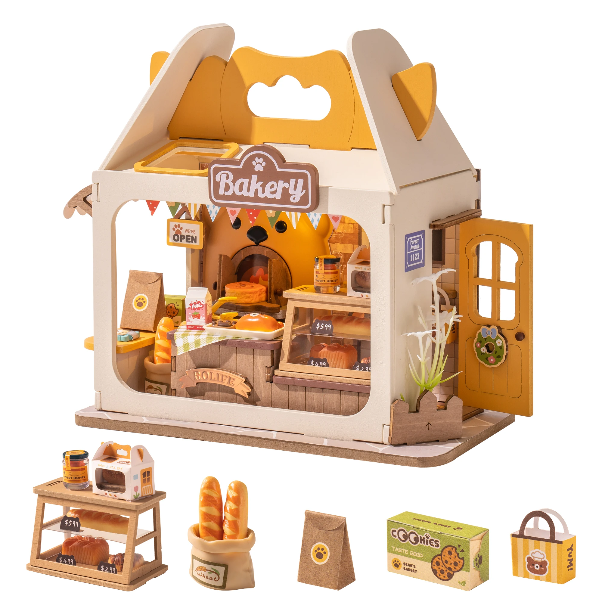 

Rolife DIY Miniature House Kit Teddy's Breadbox Dollhouse Model Building Kit Wooden 3D Puzzle Toy with LED Light for Home Decor