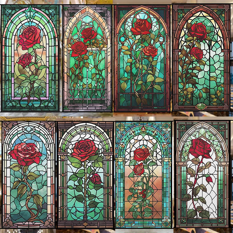 

Retro Church Stained Glass Film Semi-opaque Frosted Window Sticker Rose Painting Art Privacy Film Home Wedding Background Decor