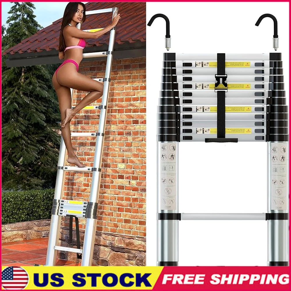 12.5FT Aluminum Telescoping Ladder Folding Design with Detachable Hooks Adjustable Height Smart Locking Mechanism Storage