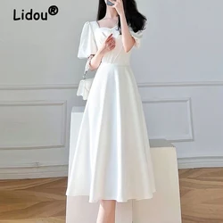 Elegant Chic Beads Square Collar White Party Dresses for Women Summer Ruffled Puff Short Sleeve Slim Fit Fairy Midi Dress Female