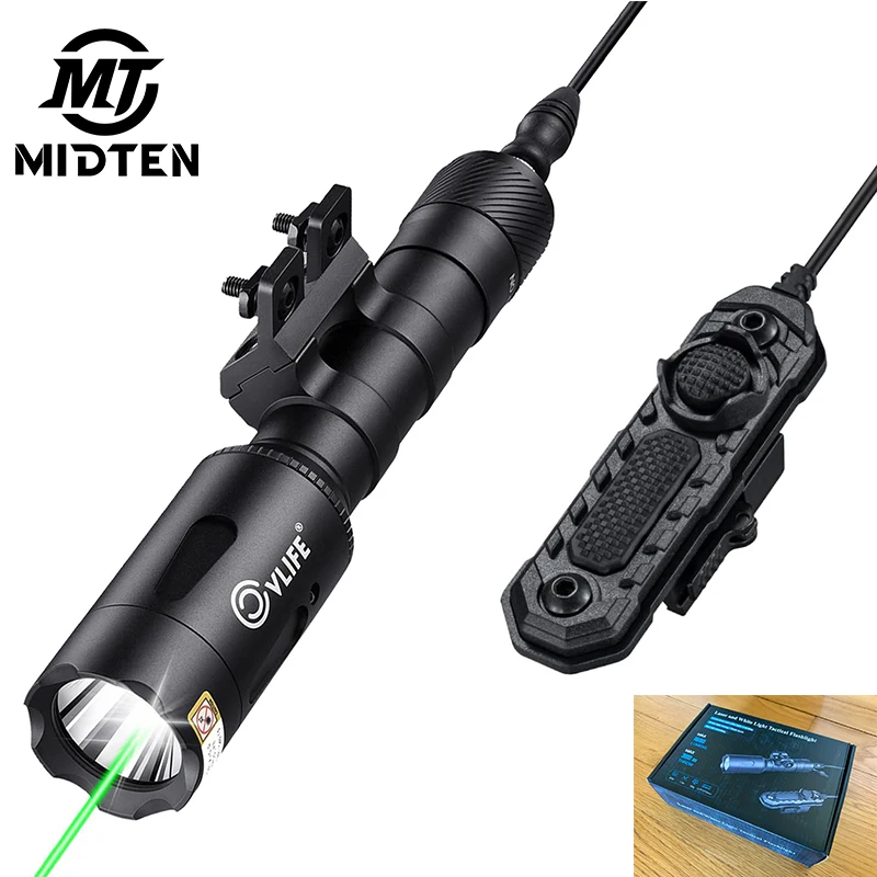 

MidTen Tactical Flashlight 1680 Lumens Rifle Aiming Green Beam Light Laser Combo For M-rail USB Rechargeable Pressure Remote Swi