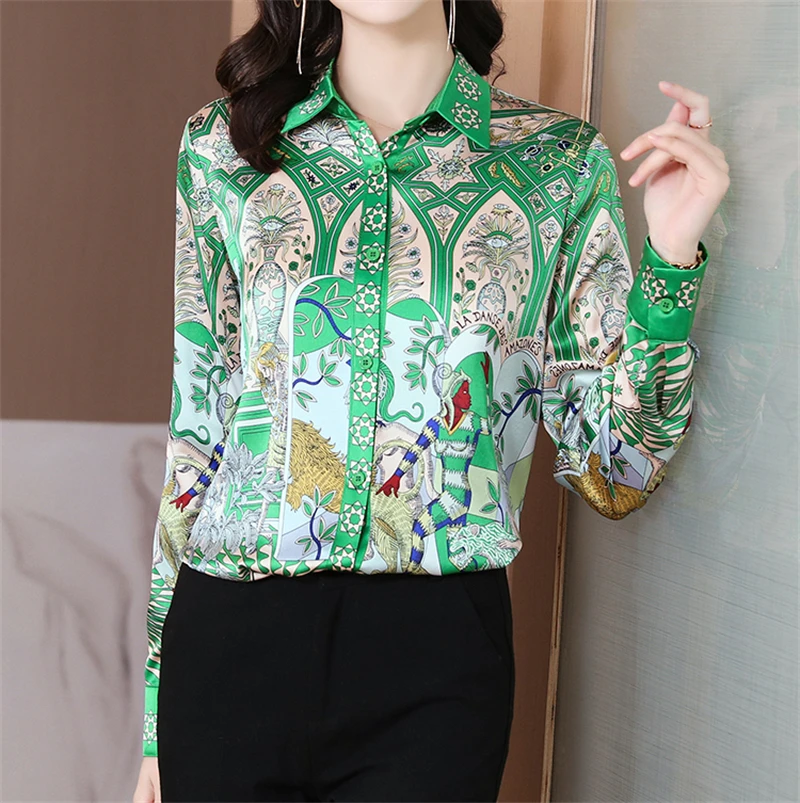 ZAROY Baroque Print Vintage Women Satin Shirts Luxury Tops Spring Long Sleeve Lapel Slim Silk Blouses Vintage 3XL Blusas Mujer