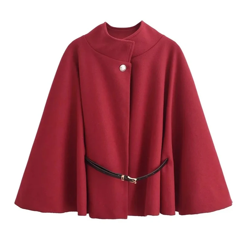 2025 Autumn Women's Short Cape Coat | Belted Faux Wool Elegant Cloak Jacket | Solid Color Casual Warm Outerwear for Ladies
