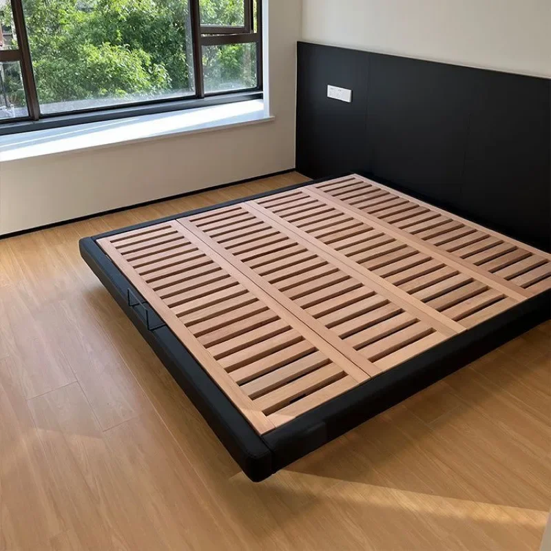 All solid wood beech row skeleton cream wind no bedside suspended bed bedroom simple modern master bedroom flush edge suspended