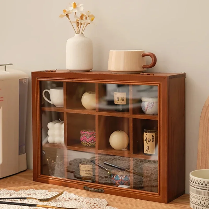 Solid Wood Vintage Tabletop Cup Storage Cabinet Home Restaurant Tea Set Storage Dustproof Mug Display Stand