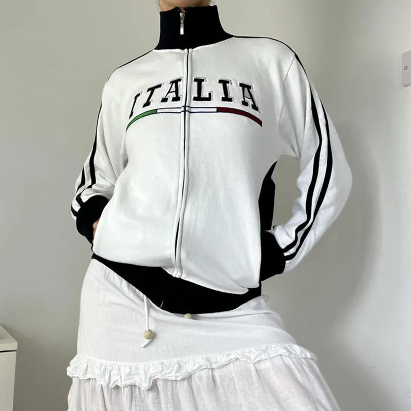 2025 Autumn/Winter Retro Hoodie Embroidered Contrast Splicing Sportswear Street Zipper Jacket