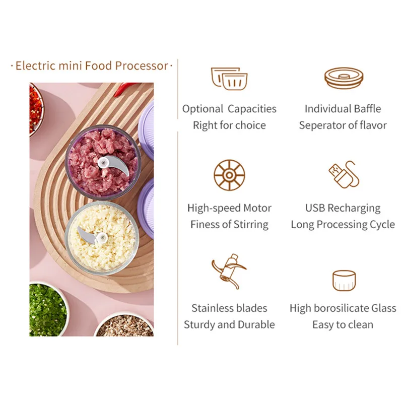 2025 350ml Echargeable Portable Food Grinder Meat Grinder Glass Processor Garlic Puree Machine