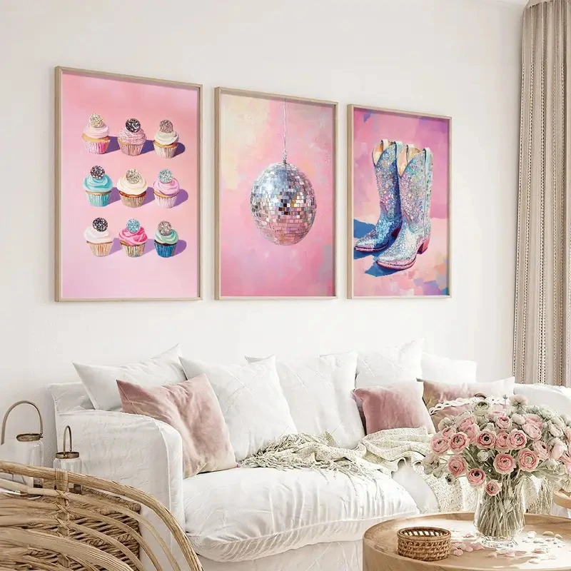 

3pcs/Set Abstract Pink Disco Ball Boots Cupcakes Fashionable Wall, Artistic Mirror Balls, Canvas Posters, Modern Home Decoration