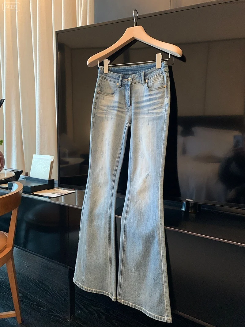 Light Blue Washed Vintage  Jeans Flared Denim Pants Slimming Versatile Ladies Summer Jeans Natural Waist Button Closure
